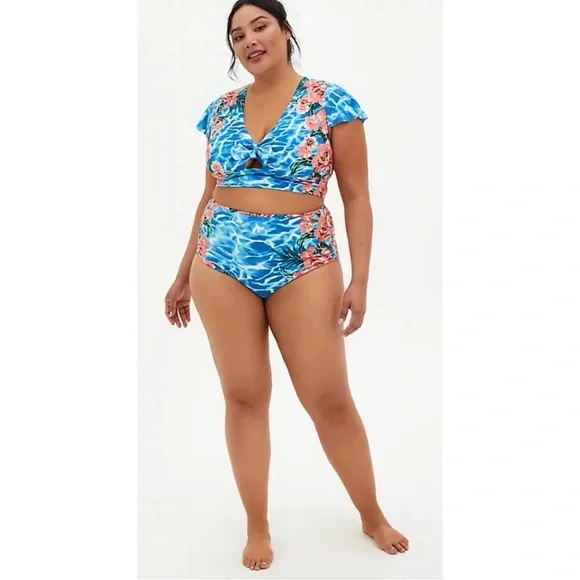 Torrid Blue Water Floral Sleeve and Reversible Swim Brief NWT SZ 1 (14/16) - Picture 2 of 13